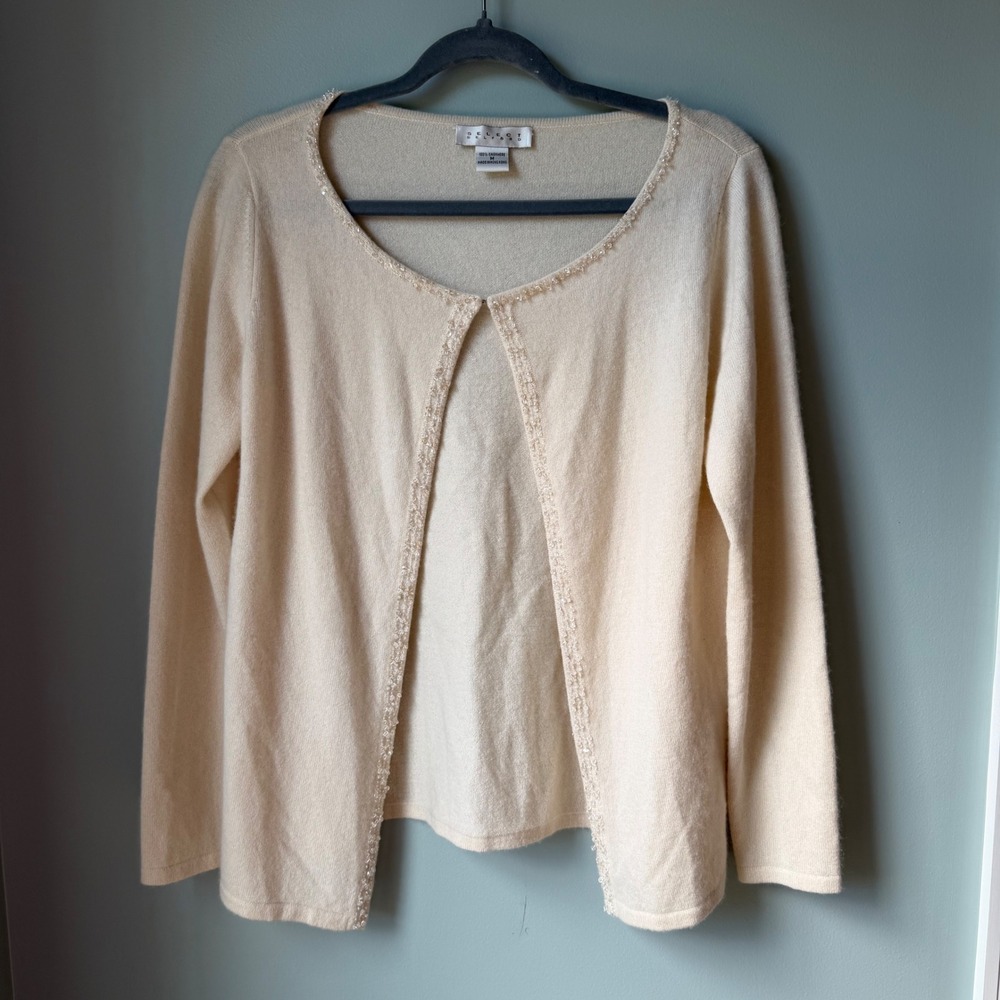 Belford Select 100% Cashmere Cardigan Sweater Beaded Open Front Cream Medium